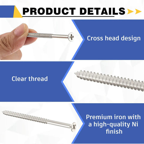 Workhorse 3 Inch Satin Nickel Wood Screws One Hundred Pack Heavy Duty Flat Head Hinge Hardware Doors Cabinets Furniture Rock Solid Phillips Countersunk with clear thread