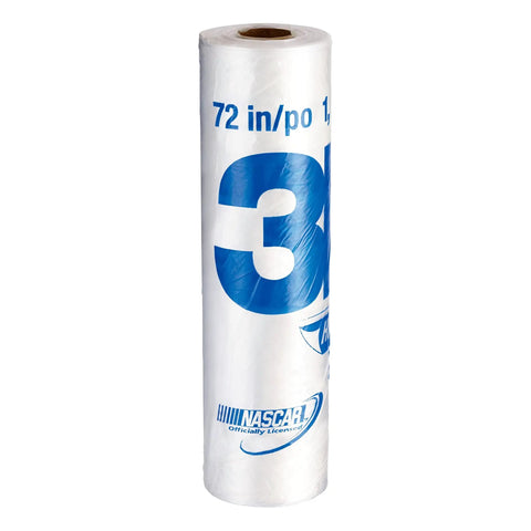 Pro Grade Masking Film For Indoor And Outdoor Use 72 Inch By 90 Foot Roll shown upright with blue branding and NASCAR logo