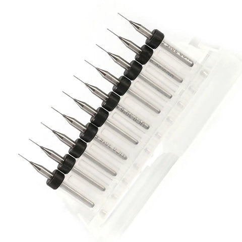 Tungsten Carbide Drill Bits Set 0.3mm, 10 Piece Precision PCB Micro Drill Bit Kit for Electronics Prototyping visible in holder
