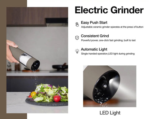 Hand using Rechargeable Electric Salt And Pepper Grinder Set with USB Charging, adjustable coarseness, LED light in greige.