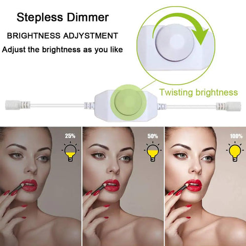 Stepless dimmer and brightness adjustment for 13Ft Led Vanity Mirror Lights Kit Bendable No Cutting Required With Dimmer And 12V Power Supply Flexible Strip Light For Easy Install Vanity Table Cloakroom Kitchen Display Outdoor