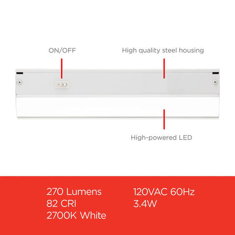 12 Inch Hardwired Under Cabinet Lights With On/Off Switch, 2700K Warm White LED Lighting, steel build, direct-wire setup