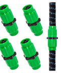 Ultimate Garden Hose Repair Kit For Fixing Leaks And Extending Flow With Multi-Function Connectors That Fit Most Standard Faucets And Pipes To Save Cash On Plumbing Bills Today. Green plastic hose connectors and a repaired garden hose.
