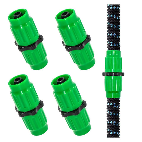 Ultimate Garden Hose Repair Kit For Fixing Leaks And Extending Flow With Multi-Function Connectors That Fit Most Standard Faucets And Pipes To Save Cash On Plumbing Bills Today. Green plastic hose connectors and a repaired garden hose.