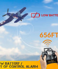 F4U Corsair RC Plane 4 Channel RTF with Xpilot Stabilization in flight, low battery warning, 656 ft range shown, blue edition