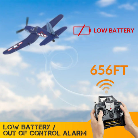 F4U Corsair RC Plane 4 Channel RTF with Xpilot Stabilization in flight, low battery warning, 656 ft range shown, blue edition