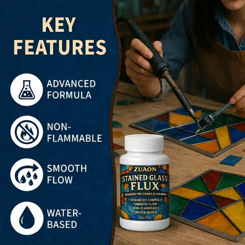 Person using 8oz Water Based Liquid Flux For Stained Glass And Electronics Soldering With Brush Included Low Fume on stained glass