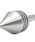 Front view of a silver MT2 ball-bearing tailstock live center for woodworking with a 60° conical tip.