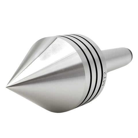 Front view of a silver MT2 ball-bearing tailstock live center for woodworking with a 60° conical tip.
