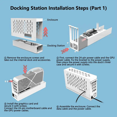 Installation steps for Plug And Play PCIe 4.0 X16 To Oculink SFF 8612 External GPU Dock with graphic card assembly.