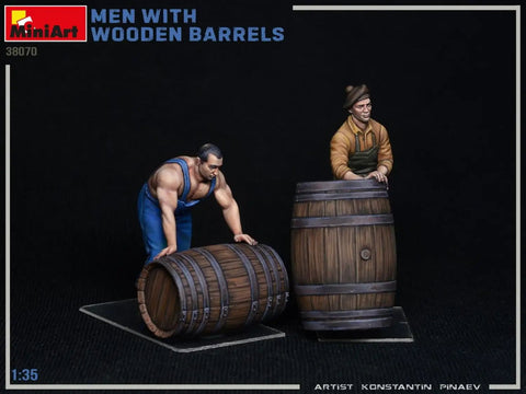 1 To 35 Scale Military Figures Kit Men With Wooden Barrels Dope Diorama Set For Collectors 14 Plus Not A Toy Realistic Detailing Fine Mold Easy Assembly Authentic WWII Era Scene featuring two figures interacting with wooden barrels.