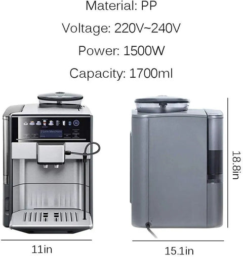 Front and side view of Fully Automatic Coffee Maker With Built In Grinder And Brew System, 1700W Power, PP material body.