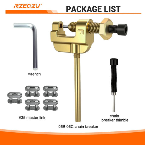 Front view of RZEOZU chain breaker tool set for #35 roller chain; includes six master links and a wrench