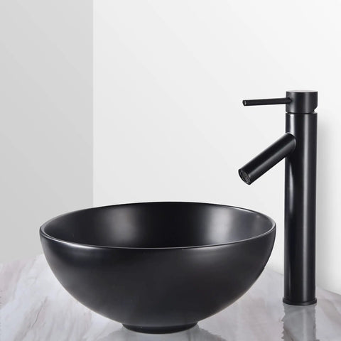 12-Inch Round Porcelain Vessel Sink For Bathroom Black Above Counter Vanity Basin With Pop Up Drain Industrial Modern Design