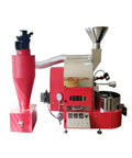Large red electric coffee roaster with timer and drum side view for home shops to roast fresh beans, nonstick and durable design.
