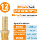 Twelve Pack Brass Air Hose Fittings Three Eighths Inch Barb To One Quarter Inch NPT Male Thread Adapters Kit With Specs