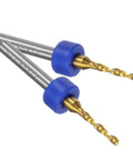 Close-up of Ten Piece PCB Drill Bit Set One Eighth Inch Shank Titanium Coated Carbide Micro Twist Drill Bits with blue rings