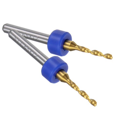Close-up of Ten Piece PCB Drill Bit Set One Eighth Inch Shank Titanium Coated Carbide Micro Twist Drill Bits with blue rings