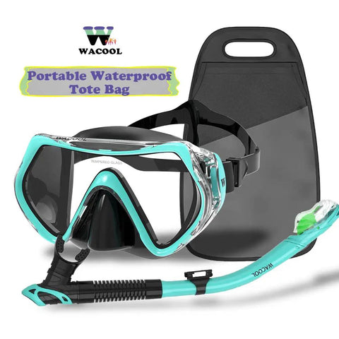 All In One Snorkeling And Scuba Set With Anti Fog Glass Purge Valve And Anti Splash Silicone Mouthpiece For Men Women And Kids Ages 6 To 13 Fully Adjustable Head Straps And Soft Silicone Face Skirt In Malachite Green shown with waterproof tote bag