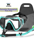 All In One Snorkeling Set For Adults And Teens With Anti Fog Mask Lenses Purge Valve Anti Splash Silicone Mouthpiece Dry Snorkel Gear Adjustable Head Straps Malachite Green displayed with tote bag