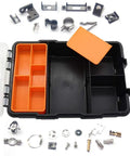 All Purpose Tool Parts Box With Removable Tray And 10 Plus Compartments Plastic Storage Case For Nails Screws Nuts Bolts Home DIY Organizer Waterproof Durable Box For Workshop And Garage displayed open with items