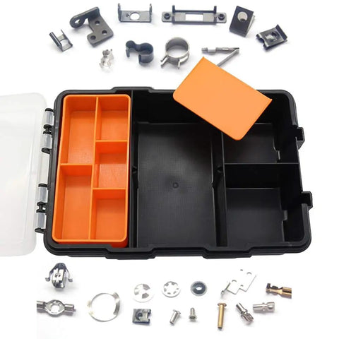 All Purpose Tool Parts Box With Removable Tray And 10 Plus Compartments Plastic Storage Case For Nails Screws Nuts Bolts Home DIY Organizer Waterproof Durable Box For Workshop And Garage displayed open with items