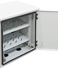 Roll Out Your Setup With This Tough As Nails 18U Outdoor Cabinet showing dual doors and interior shelves for network devices.