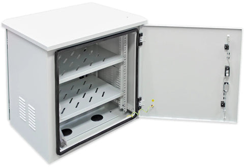 Roll Out Your Setup With This Tough As Nails 18U Outdoor Cabinet showing dual doors and interior shelves for network devices.