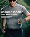Man jogging with Men's Breathable Summer UV Protective Fingerless Gloves UPF 50 Plus Stayin' Cool Sunblock, charcoal color.