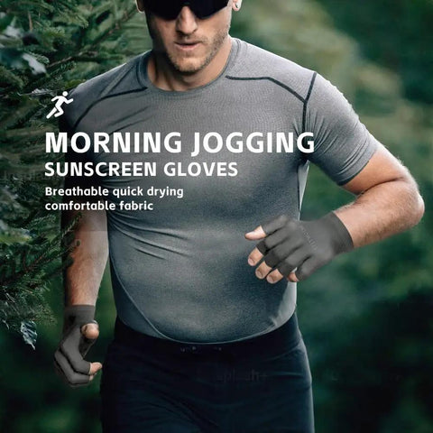 Man jogging with Men's Breathable Summer UV Protective Fingerless Gloves UPF 50 Plus Stayin' Cool Sunblock, charcoal color.