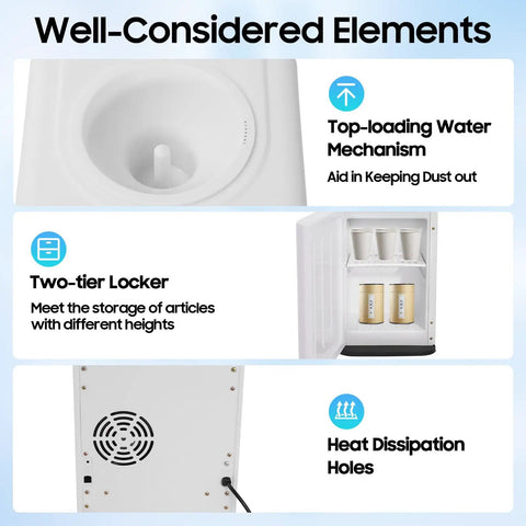 Hot And Cold Water Cooler Dispenser For 5 Gallon Bottle With Top Loading Design, double storage cabinet, heat dissipation