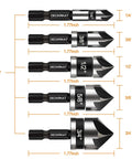 Front view: DeckRKAT 5pc countersink drill bit set with 1/4 in hex shank, 82°, 5-flute, 1/4–3/4 in metal wood plastic