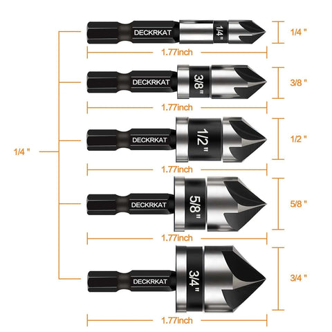 Front view: DeckRKAT 5pc countersink drill bit set with 1/4 in hex shank, 82°, 5-flute, 1/4–3/4 in metal wood plastic