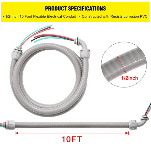 Half Inch 10 Foot Non Metallic Liquid Tight AC Whip Kit With 10 AWG Copper Wire, Flexible PVC Conduit, Straight And 90 Degree Fittings