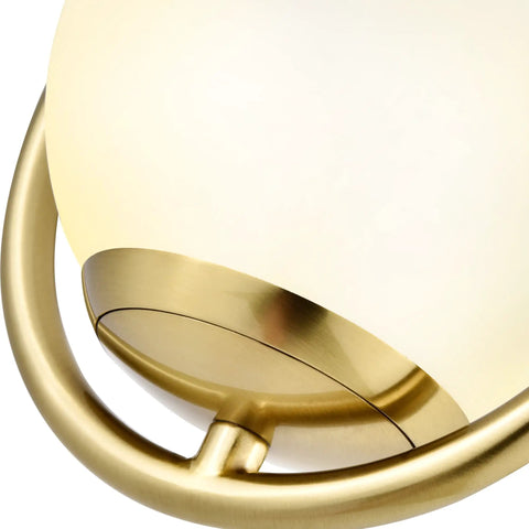 Close-up of Integrated LED Pendant Light In Antique Brass With White Glass Shade, showing brass finish and white glass detail.