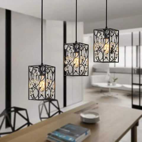 Modern Mini Crystal Pendant Light With Metal Cage 1 Light Rectangular Pendant Fixture In Brushed Nickel Finish for dining room