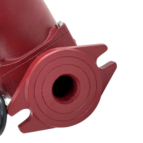 Close-up view of the inlet of the Three Speed Circulator Pump For Hot Water Hydronic Heating, showcasing its durable red casing.
