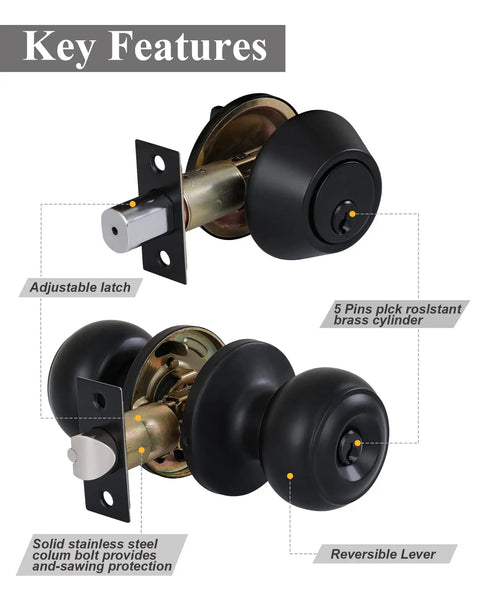 Detailed view of the All Keyed Alike Entry Door Knob And Deadbolt Set For Front Door, showcasing adjustable latch and brass cylinder.