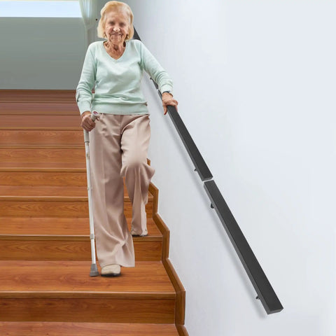 Premium Flush Handrail Set Stainless Steel Wall Mounted Indoor Outdoor Stair Railing With Heavy Duty Mounts Built Like A Tank And Rock Solid For Daily Projects, installed beside stairs with elderly user.