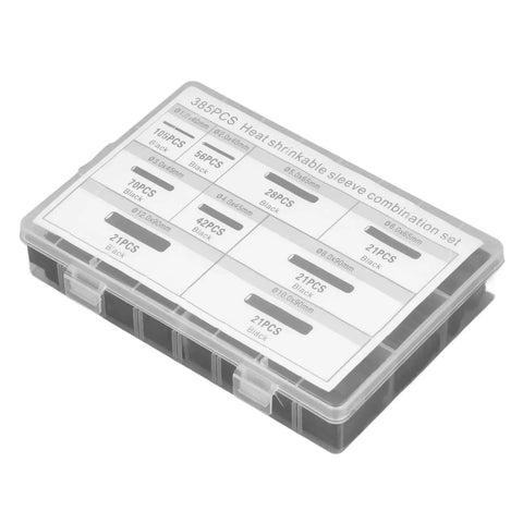 The Ultimate Heat Shrink Tubing Kit With 385 Pieces For Quick Cable Management And Electric Insulation Featuring Flame Retardant Wire Wrap Sets In Various Sizes Inside A Handy Storage Box, clear case