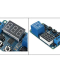 Close-up of DC 12V time delay relay module with LED display, 999-min digital timer for automation, industrial grade.
