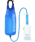 Gravity Water Filter Straw For Camping And Backpacking, 5 Stage Filtration With 0.1 Micron Membrane, Purify Water On The Go, Emergency Prepper Purifier For Travel And Hiking, with 1.5 Gal Bag, blue bag and filter kit visible in image.
