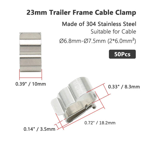 50 Pack Beefed Up Solar Wire Clips With Rock Solid Grip For PV Panels And Trailers Tough As Nails Stainless Steel Double Cable Clamp, 23mm size.