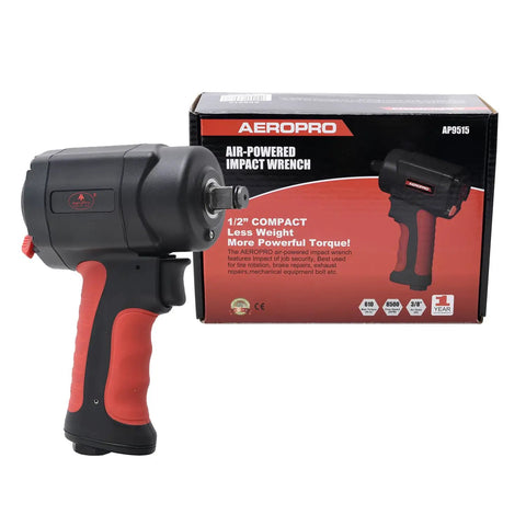 Beefy Half Inch Composite Mini Air Impact Wrench With 8500 RPM And 810 Ft-Lbs Breakaway Torque in front of packaging box