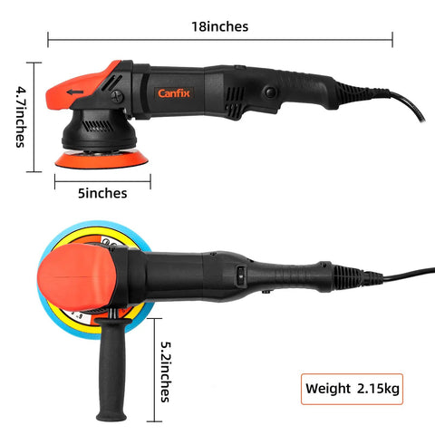 Dual Action Orbital Car Polisher With 5 Inch And 6 Inch Pads For Auto Detailing, side view, dimensions and weight shown