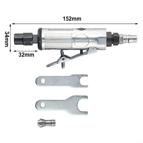 Killer Pneumatic Air Die Grinder Kit Delivers 23000 RPM for Metal Polish and Engrave, showing tools and dimensions, lightweight aluminum alloy.