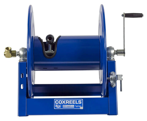 Heavy Duty Hand Crank Steel Hose Reel 1125-4-200 Series, Built Tough 1/2 Inch By 200 Feet, 3000 PSI, A Frame, Blue Front View