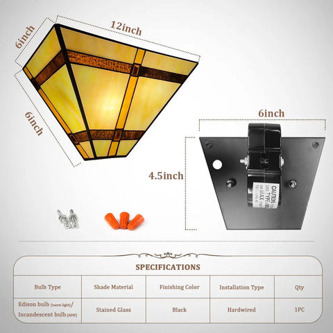 Tiffany Style 12 Inch Wide Wall Sconce Lamp With Stained Glass Mission Shade dimensions and specifications