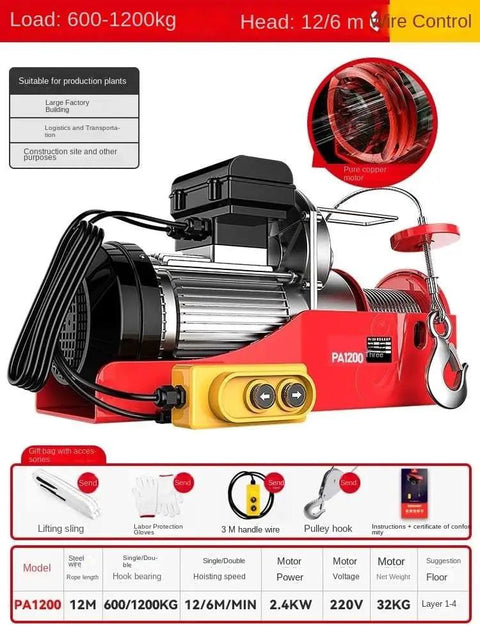 Heavy Duty Portable Electric Hoist Winch for Home, Garage and Workshop Use, 1100 Lb Capacity, Rugged Copper Motor design