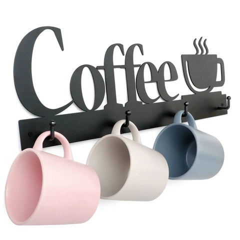 Coffee Mug Wall Rack With 12 Heavy Duty Hooks And Metal Sign for Coffee Bar Kitchen and Office Space Saving Wall Mounted Mug Organizer in use with pastel mugs